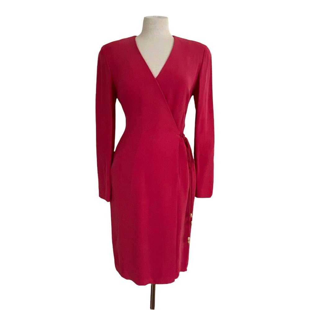 Dana Buchman Coral Pink Silk Wrap Dress Women's Sz 8 Long Sleeve Gold Beaded Tie